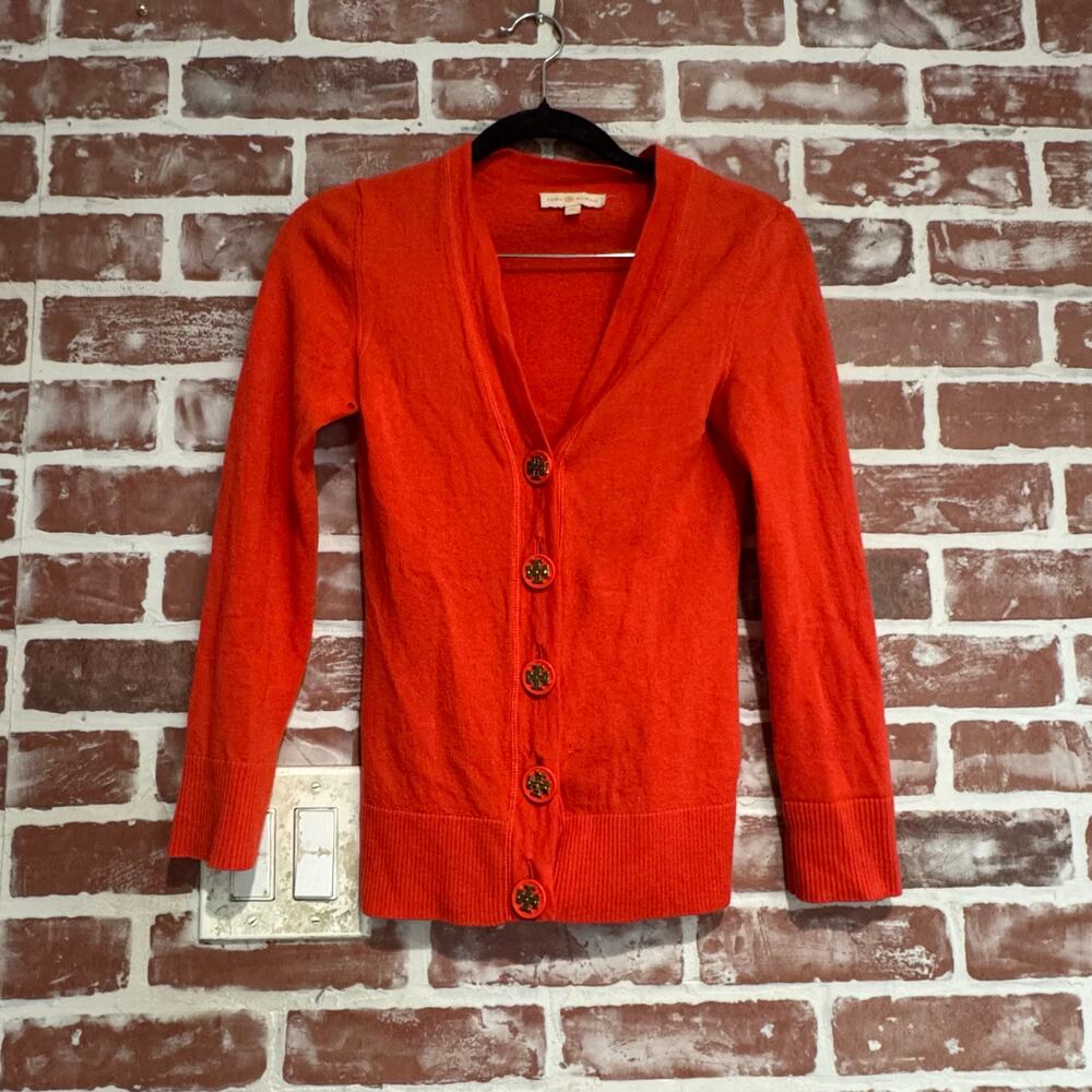 Tory Burch Shrunken Simone Cardigan Sweater Red Orange Merino Wool Size XS